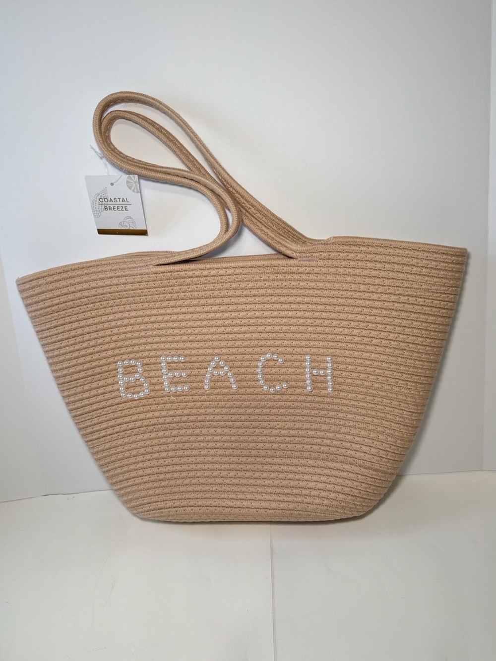 Coastal Breeze Beach Tote Bag Beige Straw Style Pearled BEACH Large Tote New